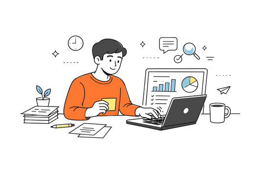 Digital Report Compilation. End-of-week reporting routines. A worker compiling data from notes into a clean digital report, gentle motion indicating final