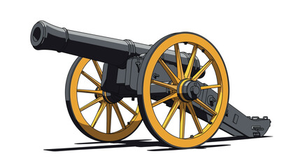 Detailed illustration of an antique cannon with large wooden wheels, representing historical warfare, military history, and ancient weaponry.