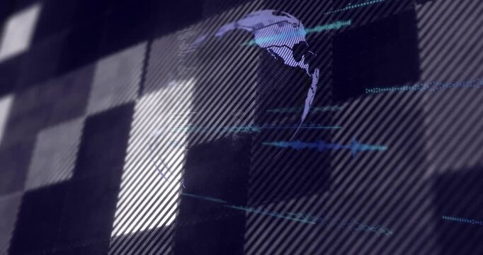 Pulsing tile spawning lavender fragments, stylized globe forming and rotating, showing global data