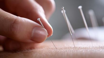 Acupuncture needles inserted into human skin during alternative therapy treatment, close-up medical wellness concept