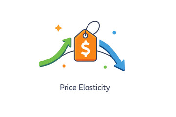 Fototapeta premium Price elasticity explaining how demand responds to change a simple price tag connected to an upward and downward curve with small arrows,
