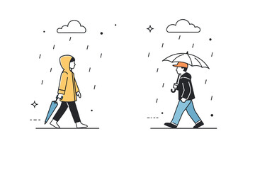 Fototapeta premium Drizzle Walks Apart. Light drizzle walks. Two people walk separately in light rain, keeping distance, soft drops around them. Shared weather, independent