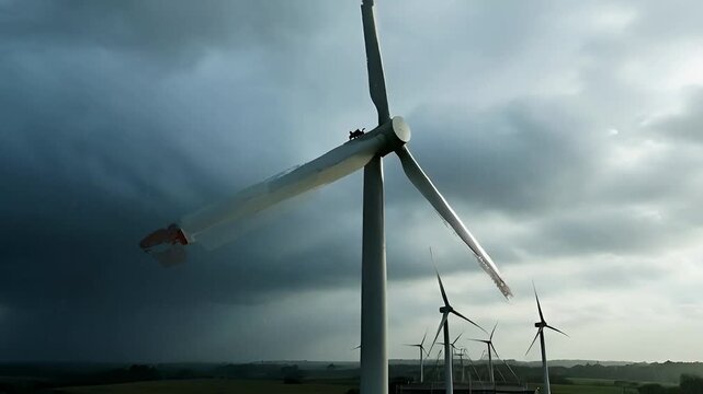 Powerful wind turbines stand tall on a serene landscape, generating clean energy beneath a dramatic and stormy sky, symbolizing sustainable power and environmental responsibility for a brighter future