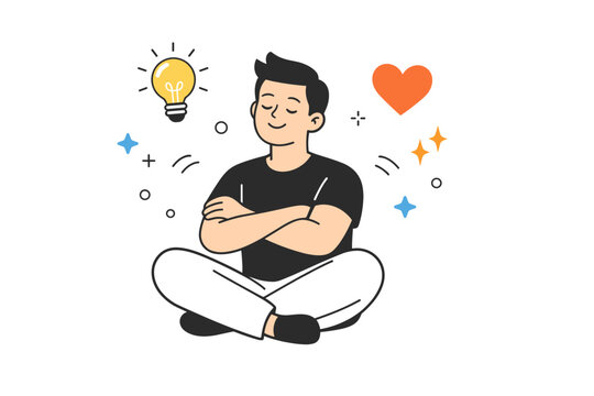 Motivation ? positive mindset. Lightbulb, heart or spark icons floating around a relaxed character, expressing confidence and self-belief.
