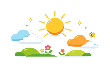 Spring video background optimistic seasonal design with simple sun rays, rounded clouds, and minimal sparkles, offering a bright and friendly background for