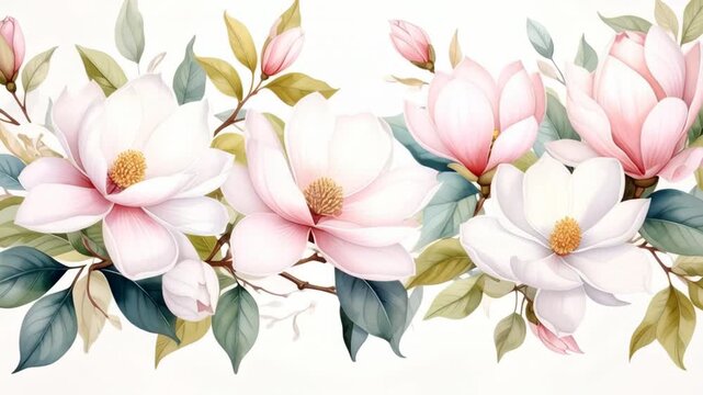 Soft pastel watercolor magnolia flowers and buds in a horizontal arrangement