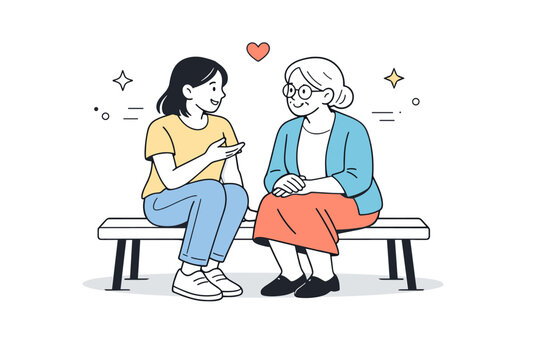 Women of different ages together. Younger and older women sit on a bench, bodies angled slightly toward each other. Quiet conversation and