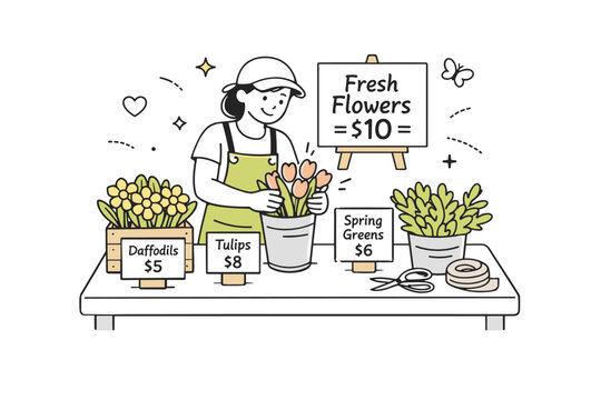 Local florists preparing for spring rush. A vendor arranging fresh flowers and seasonal greenery on a display table, with labels and a simple