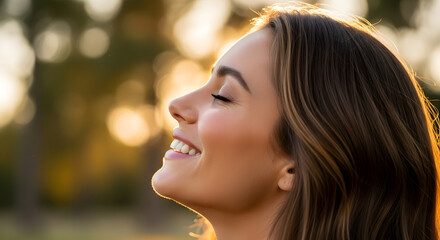 Naklejka premium Woman smiling outdoors in nature