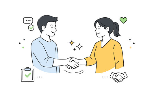 Building trust. Two people calmly shaking hands with open posture and relaxed expressions. The scene shows reliability, mutual respect, and a