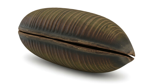 Extinct Prehistoric Glossopteris Seed Pod with Ribbed Striated Oval Shell and Natural Dehiscence Split Seam Three Quarter View Isolated on Pure White Background