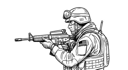 Obraz premium Detailed soldier drawing in tactical gear with rifle on white background
