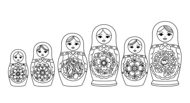 Traditional nested dolls with intricate floral patterns in black and white line art