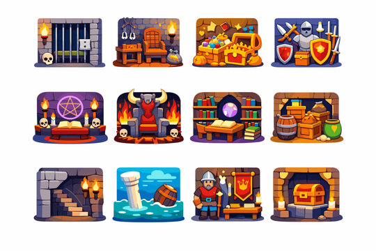 DungeonRooms. Colorful flat vector icons set of dungeon rooms: prison cell, torture chamber, treasure vault, armory room, ritual chamber,