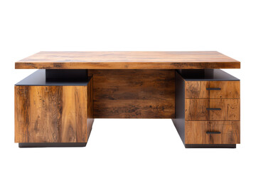 Rustic wooden executive desk isolated on transparent background. Modern rustic wood executive desk with drawers and storage isolated on white background.