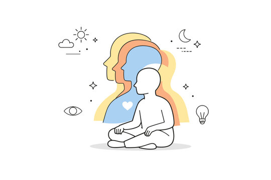 Inner self reflection concept. A minimalist figure sits quietly while layered silhouettes or outlines represent different aspects of identity. The mood is