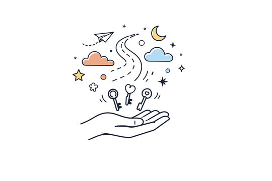 Experience-based value concept. A symbolic illustration showing an open hand releasing objects like keys, while abstract shapes like clouds,