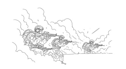 Obraz premium Line art of soldiers advancing in combat with weapons drawn and detailed gear