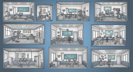 Classroom interior design with desks, chairs, and a blackboard for education.