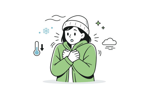 Sudden temperature drops. A person reacts by pulling arms closer or tightening a jacket as the air suddenly cools. Quiet surprise and physical awareness in an