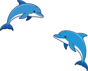Obraz premium Set of two cute blue cartoon dolphin characters jumping and swimming gracefully isolated on a bright white background