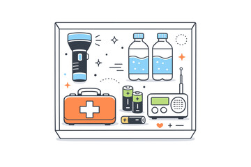Emergency Kit Essentials. Home emergency kit layout. A clean flat lay of essential emergency supplies?flashlight, water bottle, first-aid kit, batteries?neatly