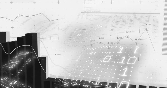 Dense dark 3D bars emerging after camera pan, binary digits moving and line graph visualizing trend