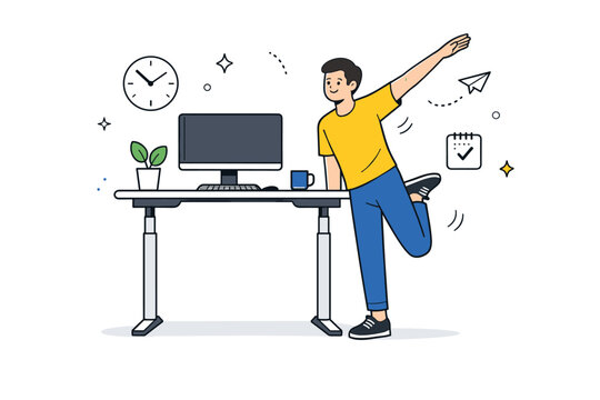 Standing desk stretch. A worker at a standing desk stretching legs and arms during a short break. Balanced work posture scene with monitor,