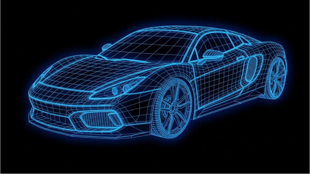 Detailed vehicle autocad blueprint of a sports car model in 3D wireframe design viewed from the front