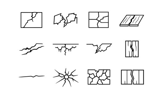 Surface Crack Icons. Surface cracks. Line icon set of Surface cracks: cracked drywall, split paint, tile crack, wooden floor crack, asphalt crack, ceiling