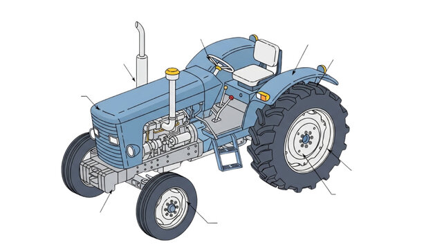 Detailed vehicle autocad blueprint of a tractor showcasing mechanical components and technical specifications in a technical drawing