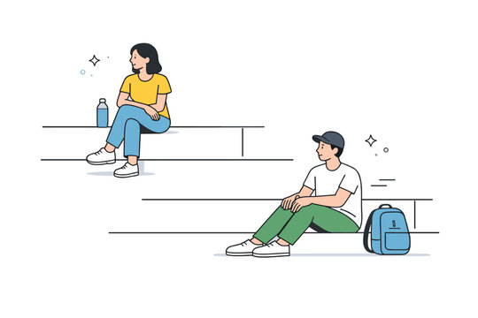 People sitting on steps. Two strangers sitting on different levels of the same steps, not interacting. Shared space, respectful distance,