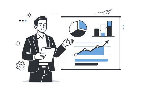 Duotone corporate presentation. A presenter standing near a screen with simple charts, explaining ideas in a confident and calm manner.