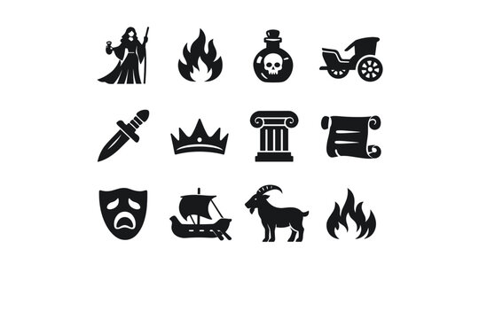 Medea Icon Set. Medea. Solid icon set of Medea: sorceress, fire, poison vial, chariot, dagger, crown, Greek column, scroll, mask of tragedy, ship, goat,