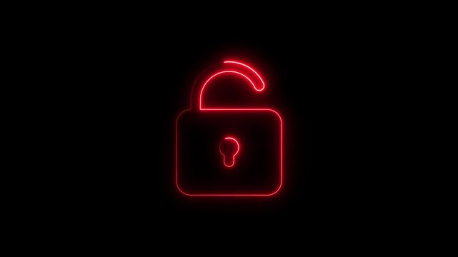 Neon red open lock on black background cybersecurity concept