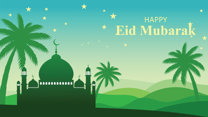 Happy Eid Mubarak Greeting Card with Mosque Silhouette and Palm Trees Landscape