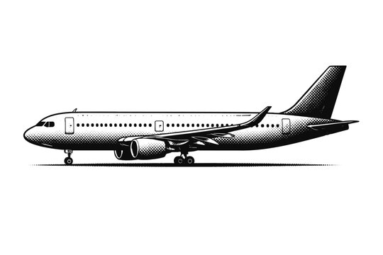 Airplane side profile commercial jet airliner. A modern narrow-body passenger airplane with swept wings and underwing engines shown as a