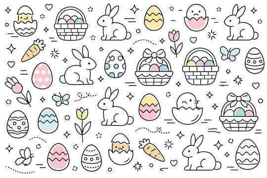 Minimal Easter patterns ? line art decor. Thin outlined Easter elements arranged into a clean, repeating layout, expressing elegance and modern holiday design.