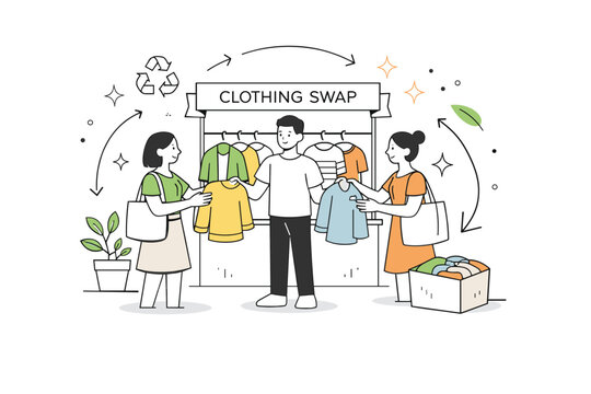 circular fashion clothing swap. Shoppers exchanging clothes at a pop-up stand, abstract stars and floating arrows representing recycling and