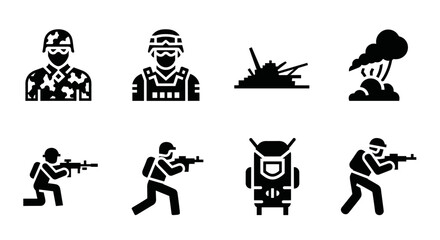 Obraz premium Military silhouettes: soldiers, tanks, and explosions
