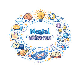 Fototapeta premium Mental universe. Hand drawn illustration of Mental universe. head outline, orbiting thoughts