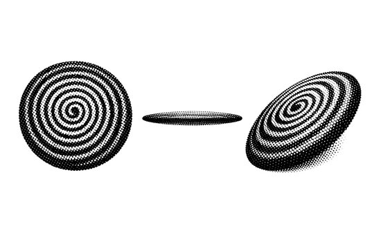 Concentric dotted spiral disc, a single disc-like spiral object shown in front view, side profile view, and three-quarter perspective view