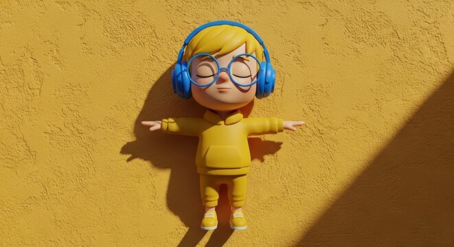 Toy figurine wearing headphones on yellow surface.