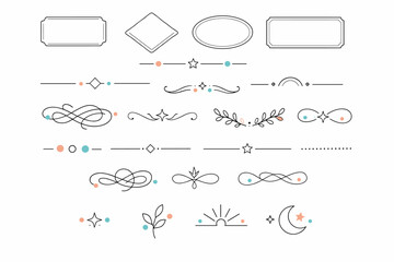 Minimal ornamental elements set. Simple frames, dividers, and abstract flourishes designed with clean lines and gentle symmetry. Modern