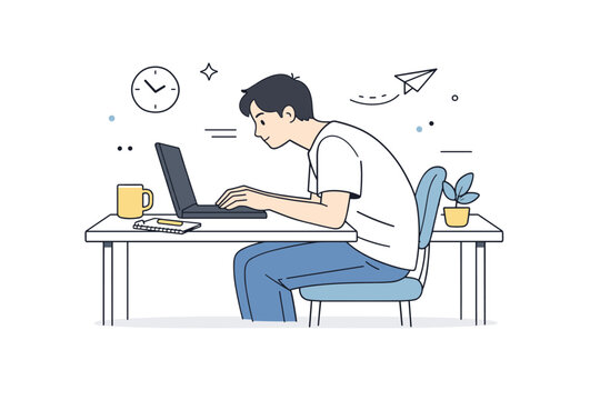 Imperfect posture realism. A person sitting at a desk with slightly rounded shoulders, head leaning forward while focusing on work. Natural human posture and