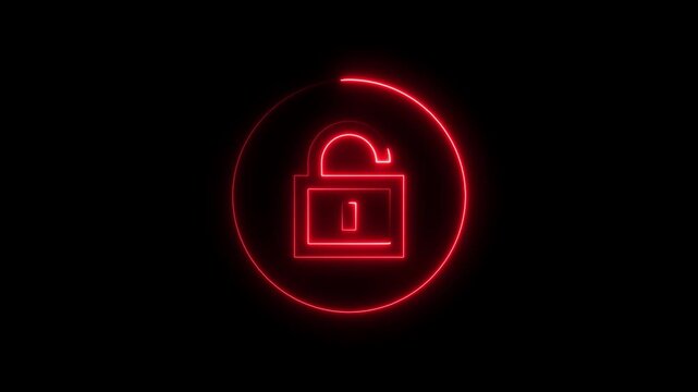 Neon red open padlock symbol in circle on black background security access concept