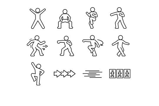 Dance cardio moves. Line icon set of Dance cardio moves: jumping jack dance, squat bounce, knee lift step, twist move, side shuffle, arm