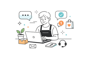 Customer support in ecommerce. A business owner responding to messages on a laptop or tablet, calm and approachable. The scene communicates