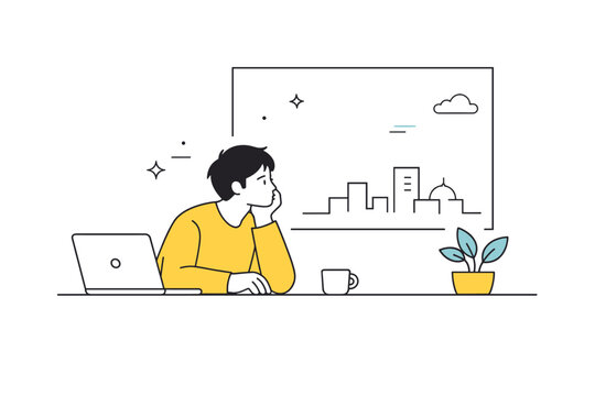 Burnout at workplace. Person staring out a window during work hours, quiet disengagement and low energy. Desk, plant, and city shapes kept