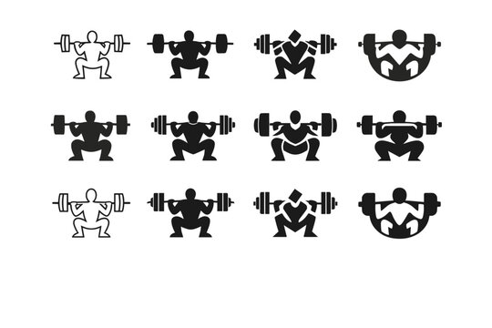Someone lifting heavy weights at the gym. Icon set. Set Logo of Someone lifting heavy weights at the gym: powerlifter barbell